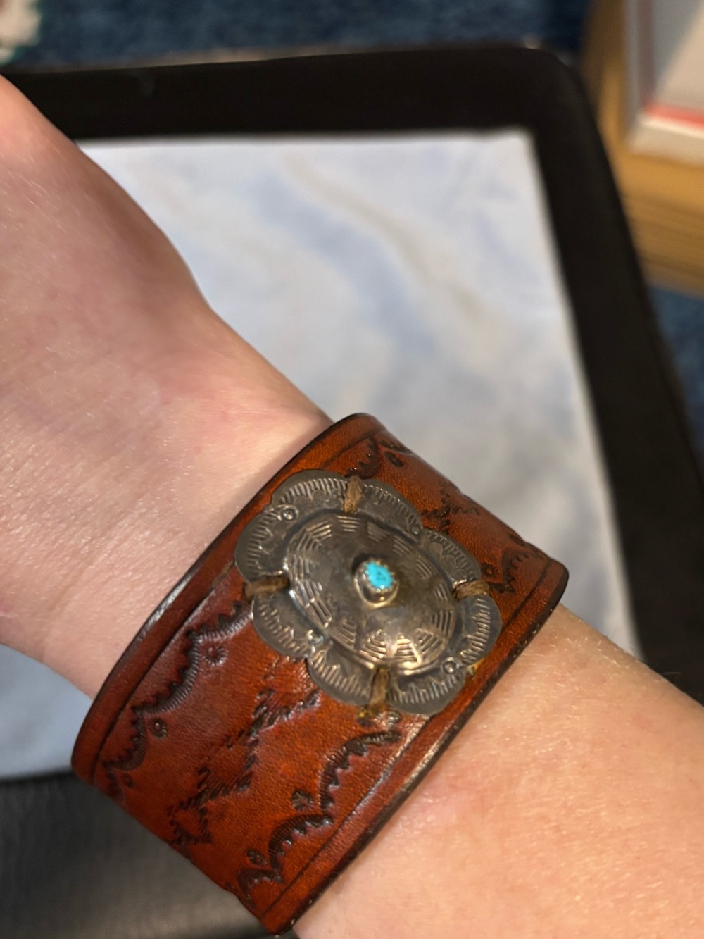 Southwestern-style leather concho cuff handcrafted turquoise